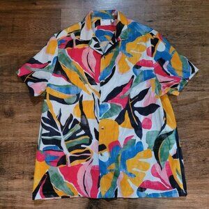 Men's ASOS Aloha Shirt Linen Blend Tiki Hawaii Geometric Print Pink Blue medium